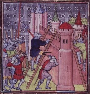 Kuninkaallinen 20 C.VII fol.19 Ranskalaiset tuhosivat Genovan 1300-luvun lopun Chroniques de France ou de St. Denisistä (vellum) tekijältä French School