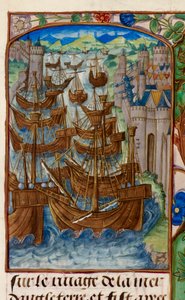 aRoyal 20 E. III, fol.186v Ranskan laivasto hyökkäsi Sluysissa, "Chroniques de France ou de Saint Denis" tekijältä French School