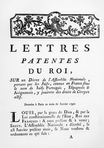 Royal Letters -patentti, joka myöntää yhtäläiset oikeudet Portugalin, Espanjan ja Avignonin juutalaisille Ranskassa, Pariisi, 28. tammikuuta 1790 (katso myös 695057) tekijältä French School