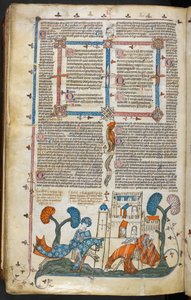 Royal MS 10 E IV f.313v, sivukohtaus, jossa yksi ritari riisuu toisensa linnan edessä, n. 1300-1340 (kynä & muste ja tempera pergamentilla) tekijältä French School