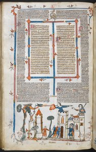 Royal MS 10 E IV f.88v, sivukohtaus lohikäärmeestä, joka hyökkää linnaan, n. 1300-1340 (kynä & mustetta ja tempera pergamentilla) tekijältä French School