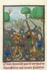 Royal MS 15 E I, f. 433v, Guy of Lusignanin tappio Saladinilta ja ristin menetys, Tyrelaisen Williamin teoksesta "Histoire d