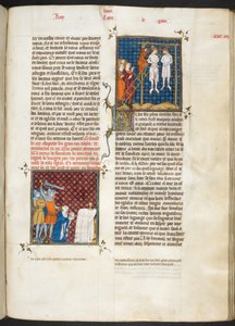 Royal MS 16 G. VI, f.306r, Charlesin murha, Flanderin kreivi hirtettiin (Louis VI, kirja 20), Les Grandes Chroniques de Francesta tekijältä French School