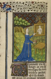 Kuninkaallinen MS 16 G V f.68v Thamar maalaa jumalatar Dianaa, kirjoituksesta "De claris mulieribus anonyymissä ranskankielisessä käännöksessä (Le livre de femmes nobles et renomées)", n. 1440 (vellum) tekijältä French School