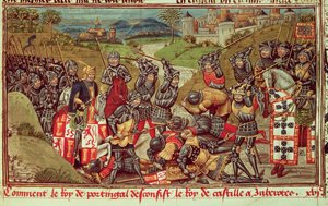 Royal Ms 14 E IV f.204: Avisin Juan I voitti Kastilian Juan I:n Aljubarrotan taistelussa Portugalissa tekijältä French School