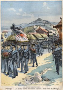 Venäjän ja Japanin sota Chemulpossa japanilaiset antavat viimeisen kunnianosoituksen kahdelle Viragin merimiehelle. Le Petit Parisien l 3. huhtikuuta tekijältä French School