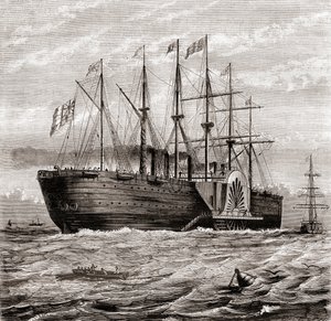SS Great Eastern, rautainen purjehöyrylaiva, jonka on suunnitellut Isambard Kingdom Brunel, Les Merveilles de la Science, julkaistu n.1870 (kaiverrus) tekijältä French School