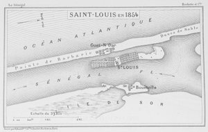 Saint-Louis vuonna 1854, kuvitus teoksesta "Le Senegal...", kirjoittanut Louis Leon Faidherbe, 1854 tekijältä French School