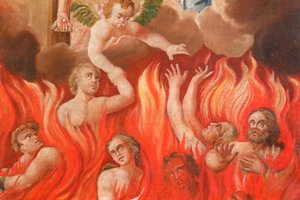 Saint-Nicolas de Verocen kirkko. Viimeinen tuomio: helvetti. Pelastettujen ryhmä. Maalaus. Ranska. tekijältä French School