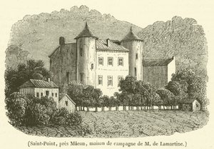 Saint-Point, lähellä Maconia, Madame de Lamartinen maalaistalo (kaiverrus) tekijältä French School