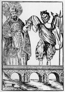 Saint Cado (tai Cadoc tai Catuod tai Catoc tai Cazut tai Cadochus) legendaarinen pyhimys Christian antaa kissan paholaiselle vastineeksi sillan rakentamisesta - suosittuja kuvia Perret tekijältä French School