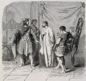 Saint Eloi ja Dagobert: Dagobert hämmästyi, kun Eloi esitteli hänelle toisen nojatuolin - grav. 1800-luvulla tekijältä French School