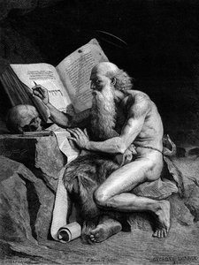 Pyhä Jerome erämaassa. Kaiverrus Georges Sauvagen maalauksen (Auguste Albert Georges Sauvagen dit) mukaan (1800-luku). Kaiverrus "" Le Monde Illustré" -julkaisussa nro 1196, 28. helmikuuta tekijältä French School