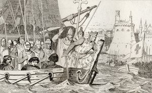 Pyhä Louis IX (1214-70) johtaa joukkojaan taistelussa Colartin "Histoire de France" -kirjasta, joka julkaistiin n. 1840 tekijältä French School
