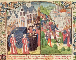 Pyhän Ludvigin hautajaiset Pariisissa vuonna 1270 ja Kaarle V:n saapuminen Reimsiin vuonna 1364 kruunatakseen kuninkaaksi katedraalissa Jean Froissartin (n. 1337–1405) Chroniques-käsikirjoituksesta (vellum) tekijältä French School
