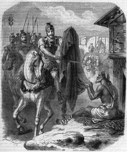 Saint Martin de Tours (Saint-Martin-de-Tours, v. 316-397) tekee kaksi kappaletta takkistaan antaakseen sen köyhälle miehelle. Maurice Lachatren kaiverrus "Histoire des Papes-Rois-Queen and Empereurs a travers les centuries" tekijältä French School