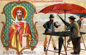 Saint Médard, sateenvarjomyyjien suojeluspyhimys, n. 1910 (väri litho) tekijältä French School