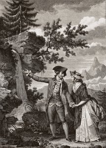 Saint Preux ja Julie -kaiverrus vuodelta 1793 sveitsiläisen filosofin Jean Jacques (Jean-Jacques) Rousseaun (1712-1778) teokselle "Julie ou la nouvelle Heloise" - Julie ja Saint-Preux, kuvitus Jean-Jausse Rousse