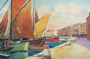 Saint Tropez: Purjevene satamassa (värilitografia) tekijältä French School