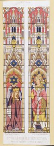 Saint Valerie, neitsyt ja marttyyri Limogesissa (3. vuosisata) ja Saint Martial, Limogesin eveque (3. vuosisata), Akvitanian suojelijat. Fac simile toistaa lasimaalauksia Cathedrale de Limoges. tekijältä French School