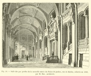 Salle des pas perdus Palais de Justice -rakennuksen uudella sisäänkäynnillä, rue de Harlay, valmistui vuonna 1868, suunnitteli arkkitehti M Duc tekijältä French School