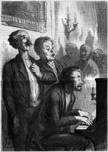 Singer Lounge. Sarjakuva Honore Daumier (1808-1879). Kaiverrus "" Le Monde Illustré" -julkaisussa nro 290, 1. marraskuuta 1862. tekijältä French School