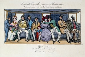 Esimerkki pariisilaisesta moraalista: Madeleinen omnibussin penkki Saint Martinin portilla. 1800-luvun vedoksia. Pariisi, Musee Carnavalet tekijältä French School