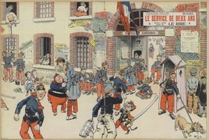 Satiiri asevelvollisuuden käyttöönotosta Ranskan armeijassa. Kuvitus Le Rirelle (väri litho) tekijältä French School