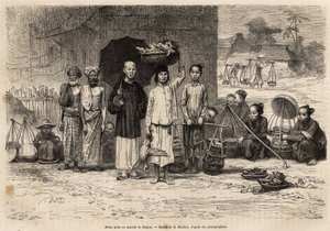 Scene du marche de Saigon, kaiverrus D.Maillardin piirustuksen jälkeen, joka havainnollistaa matkaa Cochinchineen, tohtori Morice, vuonna 1872, julkaistu "" Le tour du monde"" 1875, toimittanut Edouard Charton, Hachette painos, Pariisi. Selva Collection. tekijältä French School