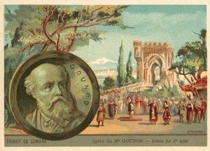 Kohtaus Charles Gounodin oopperasta Le Tribut de Zamora (chromolitho) tekijältä French School