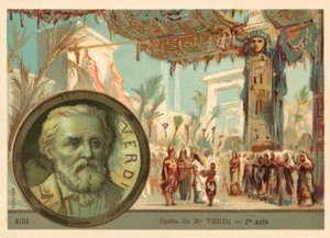 Kohtaus Giuseppe Verdin oopperasta Aida (chromolitho) tekijältä French School