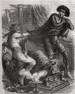 Kohtaus Raamatusta: "" Hän tarttui liian hyveelliseen nuoreen mieheen tunikastaan"". Putifarin (Potifarin) vaimo yrittää vietellä Joosefin, faaraon orjan. Kaiverrus vuodelta 1871 Henry de Kockin (1819-1892) teokseen "Histoire Des Cocus Celebres". tekijältä French School