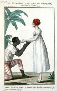Kohtaus Paul et Virginie -oopperasta, jossa rouva Alexandrine Saint-Aubin esitetään Virginien roolissa, n. 1820-30 (värikaiverrus) tekijältä French School