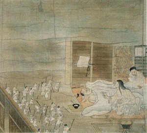 Delirium-kohtaus, kopio Mitsunaga Fujiwaralle kuuluvasta 1100-luvun kakemonosta, "The Kokka", huhtikuu 1904 (värinen lito) tekijältä French School