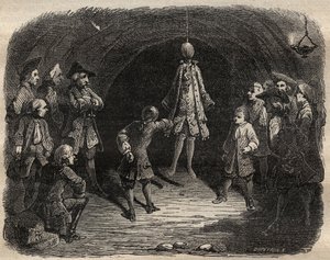 Ryövä Louis Dominique Garthausenin dit Cartridge (1693-1721) urallaan Pariisissa luoma varkaiden koulu: kattoon roikkuu malli, jonka taskut tulisi tyhjentää ilman, että hän joutuisi liikkumaan laukaussateen uhalla - Varkaiden koulu tekijältä French School