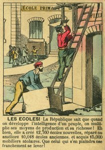 Koulut, jotka kuvaavat kolmannen tasavallan etuja kouluopetuksen kehittämiselle. Kaiverrus, "" Le Figaro, liite"", 30/03/1889, Pariisi. Coll. Selva. tekijältä French School