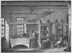 Tiede. Paperinvalmistus. Käsintehty paperi. Kaiverrus: Suurmiehet ja teollisuuden suuret tosiasiat, Ranska, n.1880 (kaiverrus) tekijältä French School