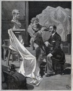 Veistos, kuvanveistäjän työpaja, fokus ja veistos rintakuvasta. Kaiverrus vuodelta 1880 kirjassa "Les arts et metiers illustres", kirjoittanut Adolphe BITARD. tekijältä French School