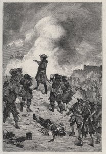 Sebastian Vaubanin Prestren lordi (1633-1717), Ranskan marechal puolustaa Brestiä Englannin laivaston hyökkäystä vastaan ​​vuonna 1695 - kaiverrus Louis Dumasin kirjaan "Les Hommes Celebres de la France" 1889 tekijältä French School