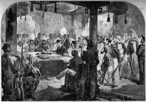 Toinen oopiumisota Ranskan ja Englannin ja Kiinan välillä (1858-1860) - Tianjinin sopimuksen (Tientsin) allekirjoittaminen vuonna 1858: Englannin ja Ranskan suurlähettiläät Lord Elgin (James Bruce) tekijältä French School
