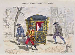 Sedan Chair 16th Century, Costumes de Paris a Travers les Siecles, julkaistu 1887 (värikaiverrus) tekijältä French School