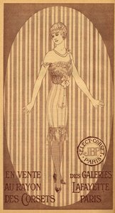 Valitse JPB-korsetti myytävänä Galeries Lafayetten korsettiosastolla Pariisissa - 1914 tekijältä French School