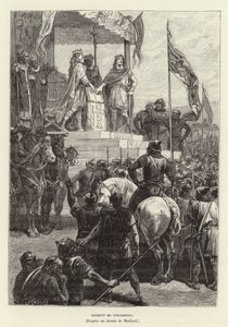 Serment de Strasbourg. Oaths of Strasbourg, Ludvig Saksan ja Kaarle Kaljuun, Itä- ja Länsi-Fransian kuningasten liitto, 842 (kaiverrus) tekijältä French School