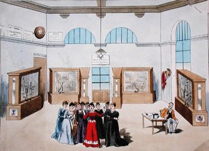 Lavastus operettiin, jossa on naisoperaattoreita keskuspuhelinkeskuksessa. 1800-luvun loppu (väri litho) tekijältä French School