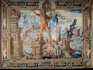 Seitsemän maailman ihmettä: Rodoksen kolossi (Helioksen patsas). Gobelinien työpajan valmistama kuvakudos. 1600-luvun Pariisi, Musee des Gobelins tekijältä French School