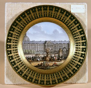 Sevres-levy, joka kuvaa Frederick II:n (1712-86) Suuren miekan saapumista Hotel des Invalidesiin (posliini)