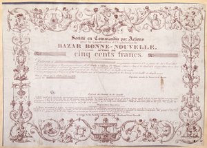 Osaketodistus 500 frangia Bazar Bonne-Nouvelle, 1836 tekijältä French School