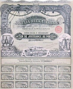 Osaketodistus ranskalais-venäläiselle kaivosyhtiölle Joltaia-Rieka tekijältä French School
