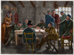 Sisilian mafia 1800-luvulla: Sisilian mafiosin vuonna 1873 kumoama maanomistajan kuulustelu. Kaiverrus vuodelta 1873. tekijältä French School