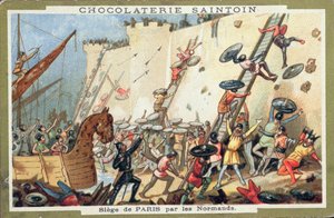 Normanit piirittivät Pariisin 800-luvulla, Chocolaterie Saintoinin mainonta, n. 1900